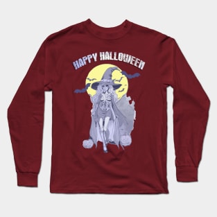 Happy Halloween, a skeleton witch in moonlit night Design! Long Sleeve T-Shirt